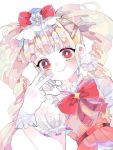  1girl aisaki_emiru bangs blonde_hair blunt_bangs blush bow cure_macherie dress eyebrows_visible_through_hair gloves hanataro_(sruvhqkehy1zied) hugtto!_precure long_hair looking_at_viewer pink_dress precure puffy_short_sleeves puffy_sleeves red_bow red_eyes short_sleeves simple_background smile solo twintails upper_body w white_background white_gloves 