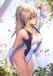  1girl ;) absurdres arm_behind_back arm_up back_cutout black-framed_eyewear blonde_hair blue_eyes blush breasts cleavage clothing_cutout commentary competition_swimsuit dated fate/grand_order fate_(series) glasses highleg highleg_swimsuit highres hood hooded_jacket jacket jeanne_d&#039;arc_(fate)_(all) jeanne_d&#039;arc_(swimsuit_archer) jinlin large_breasts leaf legs one-piece_swimsuit one_eye_closed plant ponytail signature smile solo swimsuit white_jacket white_swimsuit 