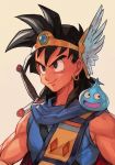  1boy abel_(dq) bare_shoulders black_eyes black_hair blue_scarf cape crown dragon_quest dragon_quest_yuusha_abel_densetsu earrings helmet hungry_clicker jewelry looking_at_viewer muscle on_shoulder scarf shirt slime_(dragon_quest) smile spiked_hair sword toriyama_akira_(style) weapon winged_helmet 