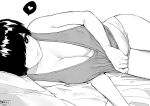  1girl bangs bare_shoulders bed_sheet breasts cleavage closed_mouth greyscale hair_over_one_eye highres large_breasts looking_at_viewer lying monochrome norman_maggot olive_laurentia on_side original panties pillow pixie_cut short_hair smile tank_top thighs underwear 