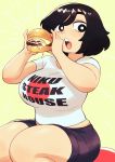  1girl absurdres black_eyes black_hair black_shorts blush borrowed_character breasts bright_pupils cheese colo_(nagrolaz) food hamburger highres large_breasts open_mouth original print_shirt shadow shirt short_hair short_sleeves shorts sitting solo thick_thighs thighs white_pupils white_shirt yellow_background 