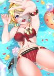  1girl ayase_eli bikini blush breasts cleavage floating hand_over_face highres love_live! love_live!_school_idol_project lying medium_breasts nail_polish navel on_back parisnoko petals rose_petals rubber_duck smile solo swimsuit thighs tropical_drink 