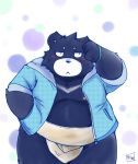  2016 anthro belly black_body black_fur blush clothing fur hoodie kemono male mammal nipples overweight overweight_male snow_utamaru solo sumo topwear ursid 