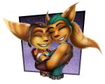  2017 alpha_channel angela_cross anthro arm_markings armor brown_nose clothing duo ear_markings eyebrows eyelashes facial_markings female fur hair hat head_markings headgear headwear hi_res hug lombax male mammal markings ponytail ratchet ratchet_and_clank simple_background smile sofie-spangenberg sony_corporation sony_interactive_entertainment transparent_background video_games yellow_body yellow_fur 