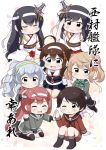  6+girls absurdres ahoge asagumo_(kantai_collection) bangs black_gloves black_hair black_legwear black_serafuku black_skirt blue_eyes braid brown_hair brown_sailor_collar brown_serafuku brown_shorts chibi closed_eyes commentary_request detached_sleeves fingerless_gloves floral_print fusou_(kantai_collection) gloves green_eyes green_neckwear grey_eyes grey_sailor_collar grey_shirt grey_skirt hair_bun hair_flaps hair_ornament hair_over_shoulder hair_ribbon headband highres kantai_collection kneehighs kneeling light_brown_hair long_hair long_sleeves michishio_(kantai_collection) mogami_(kantai_collection) multiple_girls neckerchief official_alternate_costume pleated_skirt ponytail red_eyes red_neckwear red_skirt remodel_(kantai_collection) ribbon sailor_collar school_uniform serafuku shigure_(kantai_collection) shirt short_hair short_twintails shorts sidelocks silver_hair single_braid sitting skirt standing swept_bangs tenshin_amaguri_(inobeeto) thighhighs translation_request twintails wariza wavy_hair white_headband wide_sleeves yamagumo_(kantai_collection) yamashiro_(kantai_collection) 