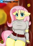  anthro autumn big_breasts blush bottomless breasts clothed clothing equid equine falling_leaves female fluttershy_(mlp) friendship_is_magic hasbro hi_res horse mammal my_little_pony pony solo sweater thick_thighs topwear tree xiongshan 