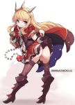  1girl ass black_footwear blonde_hair boots brown_legwear cagliostro_(granblue_fantasy) clenched_teeth commentary_request copyright_name eyebrows_visible_through_hair from_behind full_body granblue_fantasy granblue_fantasy_versus highres karukan_(monjya) long_hair looking_at_viewer looking_back no_panties purple_eyes red_skirt skirt smile solo standing teeth thighhighs 