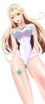  1girl :d bangs bare_arms bare_legs bare_shoulders blonde_hair breasts choker covered_navel donageage from_below highres large_breasts long_hair looking_at_viewer mythra_(xenoblade) one-piece_swimsuit open_mouth simple_background smile solo strapless strapless_swimsuit swept_bangs swimsuit thigh_strap tiara white_background white_choker white_swimsuit xenoblade_chronicles_(series) xenoblade_chronicles_2 yellow_eyes 