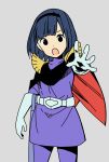  1girl :o bangs belt black_bow black_hairband blue_hair bow bow_hairband cape commentary_request cosplay cowboy_shot gloves grey_background grey_gloves gundam hairband highres hitoribocchi_no_marumaru_seikatsu katsuwo_(cr66g) kurai_kako kycilia_zabi kycilia_zabi_(cosplay) medium_hair military military_uniform mobile_suit_gundam open_mouth outstretched_hand short_hair simple_background solo standing uniform 