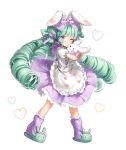  1girl ;) animal_ears animal_slippers apron bangs blue_eyes blush bow bunny_ears closed_mouth commission drill_hair eyebrows_visible_through_hair frilled_apron frilled_skirt frills full_body green_footwear green_hair hair_bow heart long_hair loose_socks marmoset_(marmoset0) object_hug one_eye_closed original pleated_skirt puffy_short_sleeves puffy_sleeves purple_bow purple_legwear purple_skirt ribbed_legwear shirt short_sleeves sidelocks simple_background skirt slippers smile socks solo standing stuffed_animal stuffed_bunny stuffed_toy very_long_hair waist_apron white_apron white_background white_shirt 