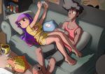  1boy 1girl bangs barefoot black_eyes black_hair blunt_bangs can chips colo_(nagrolaz) controller couch dark_skin dated food game_controller glitch_techs gradient_hair high_five_(glitch_techs) highres miko_kubota multicolored_hair on_couch pillow purple_hair red_tank_top shadow shelf shirt short_sleeves shorts signature sitting tank_top yellow_shirt yellow_shorts 
