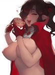  big_breasts breasts brown_hair doughnut female food hair hi_res humanoid humanoid_pointy_ears nat_the_lich nipples not_furry simple_background solo vampire white_background 