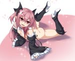  1girl boots breasts commentary_request detached_collar detached_sleeves eyebrows_visible_through_hair fang frilled_sleeves frills hair_between_eyes high_heel_boots high_heels highres knee_boots krul_tepes kyuutou_(kyuutouryuu) looking_at_viewer lying nipples nude on_stomach open_mouth owari_no_seraph pink_hair red_eyes shoe_soles short_hair skin_fang small_breasts smile solo wide_sleeves 