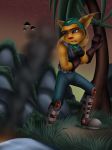  2017 angela_cross anthro blue_eyes boots bottomwear brown_body brown_fur brown_markings brown_nose clothing ear_markings facial_markings female footwear fur grass hair head_markings hi_res lombax looking_aside mammal markings mountain pants ponytail ratchet_and_clank ship sofie-spangenberg sony_corporation sony_interactive_entertainment standing tree vehicle video_games watercraft yellow_body yellow_fur 