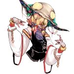  1girl bandaged_hands bandages blonde_hair commentary_request hair_tubes highres korean_commentary moriya_suwako pigeoncrow rope shimenawa short_hair solo tongue tongue_out touhou yellow_eyes 