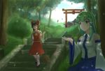  2girls ankle_socks arm_up black_footwear blue_skirt blue_sky broom brown_eyes brown_hair cloud cravat dappled_sunlight day detached_sleeves doge_(jkdoge) expressionless falling_leaves frog_hair_ornament green_eyes green_hair hair_ornament hair_ribbon hair_tubes hakurei_reimu hand_on_hip holding holding_broom kochiya_sanae leaf long_hair looking_at_another looking_to_the_side mary_janes multiple_girls outdoors red_skirt red_vest ribbon ribbon-trimmed_sleeves ribbon_trim shoes shrine sidelocks single_sidelock sitting skirt sky smile snake_hair_ornament stairs standing stone_stairs sunlight torii touhou tree vest white_legwear white_vest wide_sleeves yellow_neckwear 