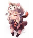  black_ribbon black_serafuku blonde_hair dog_tail gradient_hair hair_flaps hair_ornament hair_ribbon hairclip kantai_collection long_hair multicolored_hair nigo paws red_eyes remodel_(kantai_collection) ribbon scarf school_uniform serafuku straight_hair tail white_scarf wolf_hood yuudachi_(kantai_collection) 