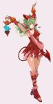  1girl armpits arms_up bow breasts cleavage detached_sleeves dragon_horns fire_emblem fire_emblem_awakening fire_emblem_heroes green_eyes green_hair hair_bow halloween highres horns imp long_hair manakete medium_breasts oni_horns pointy_ears ponytail sakuremi short_shorts shorts simple_background sleeveless smile solo tiki_(fire_emblem) toes 