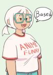  1girl aqua-framed_eyewear bangs breasts check_copyright colo_(nagrolaz) copyright_request english_text fang green_background open_mouth original print_shirt shirt short_hair short_sleeves simple_background smile solo speech_bubble twintails white_hair white_shirt 
