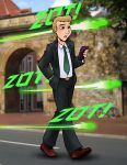  blonde_hair bottomwear business_suit clothing day footwear hair hi_res holding_object holding_phone human human_only lazer male mammal naga_(artist) necktie not_furry outside pants phone photo_background road shoes solo suit walking 