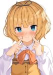  1girl bangs blonde_hair blunt_bangs blush closed_mouth eyebrows_visible_through_hair gochuumon_wa_usagi_desu_ka? kirima_sharo long_sleeves looking_at_viewer raru0310 short_hair smile solo upper_body wavy_hair 