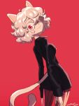  1girl absurdres animal_ears breasts cat_ears cat_tail colo_(nagrolaz) cowboy_shot from_behind highres hunter_x_hunter long_sleeves neferpitou parted_lips red_background red_eyes short_hair simple_background smile solo tail white_hair 