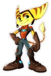  2015 alpha_channel anthro bloomth brown_body brown_fur brown_markings clothing eyebrows fingers footwear fur gloves green_eyes handwear hat headgear headwear hi_res lombax male mammal markings ratchet ratchet_and_clank shoes simple_background smile solo sony_corporation sony_interactive_entertainment standing tail_markings transparent_background video_games yellow_body yellow_fur 