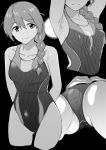  1girl armpits baba_konomi braid breasts competition_swimsuit cowboy_shot greyscale hair_over_shoulder highleg highleg_swimsuit highres humiyou idolmaster idolmaster_million_live! large_breasts medium_breasts monochrome multiple_views one-piece_swimsuit simple_background single_braid striped striped_swimsuit swimsuit 