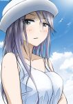  1girl absurdres artist_name bangs bird blue_eyes blue_sky blush casual closed_mouth cloud cloudy_sky commentary dated day dixie_cup_hat dress flint_(girls_und_panzer) frown girls_und_panzer half-closed_eyes hat highres long_hair looking_at_viewer military_hat outdoors seagull silver_hair sky solo sundress sweat sweatdrop tonan_leopard upper_body white_dress white_headwear 