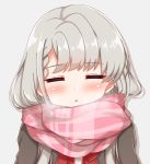  1girl :o absurdres bangs black_jacket blush bow braid braided_bangs closed_eyes commentary_request enpera eyebrows_visible_through_hair facing_viewer grey_background grey_hair highres hisakawa_nagi idolmaster idolmaster_cinderella_girls jacket long_hair low_twintails narunaru1320 parted_lips pink_scarf puffy_sleeves red_bow scarf simple_background solo twintails upper_body 