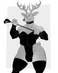  2020 4:5 a-side anthro antlers armwear beastars bulge cervid cervine clothing collar dominatrix elbow_gloves fur girly gloves grey_background grin handwear hi_res horn legwear looking_at_viewer louis_(beastars) male mammal monochrome red_deer riding_crop rubber rubber_suit seductive simple_background smile solo thick_thighs thigh_highs whip 