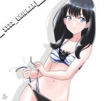  1girl absurdres bangs bikini black_hair blue_eyes breasts cleavage closed_mouth collarbone copyright_name dated dutch_angle eyebrows_visible_through_hair highres kakkii long_hair looking_at_viewer multi-strapped_bikini navel shiny shiny_hair signature simple_background small_breasts solo ssss.gridman standing straight_hair swimsuit takarada_rikka tying white_background 