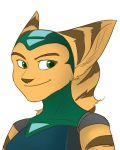  angela_cross anthro arm_markings brown_body brown_fur brown_markings brown_nose clothing ear_markings eyebrows facial_markings female fur green_eyes hair hat head_markings headgear headwear hi_res inner_ear_fluff lombax mammal markings ponytail ratchet_and_clank smile solo sony_corporation sony_interactive_entertainment suit tuft typona video_games yellow_body yellow_fur 