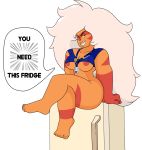 alien alpha_channel areola bottomless breasts cartoon_network clothed clothing dialogue english_text female fridge gem gem_(species) hair hi_res humanoid jasper_(steven_universe) lanyard long_hair looking_at_viewer nipples not_furry orange_body orange_skin sales_pitch simple_background skimpy smile solo steven_universe teeth text thick_thighs translucent translucent_clothing transparent_background under_boob unknown_artist white_hair yellow_eyes 