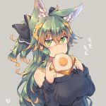  1girl animal_ears bangs black_ribbon breasts commentary_request crossed_bangs egg food green_eyes green_hair grey_background hair_between_eyes hair_ribbon kuromiya kuromiya_raika large_breasts long_hair long_sleeves looking_at_viewer mouth_hold multicolored_hair orange_hair original ribbon shirt simple_background solo two-tone_hair upper_body white_shirt 