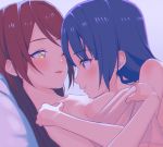  2girls :t blue_hair blush breast_press breasts closed_mouth collarbone eye_contact from_side long_hair looking_at_another love_live! love_live!_sunshine!! medium_breasts multiple_girls nude open_mouth red_eyes red_hair sakurauchi_riko sellel shiny shiny_hair tsushima_yoshiko upper_body yellow_eyes yuri 