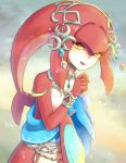  1girl :d agisato commentary_request fins fish_girl flat_chest gem hair_ornament hand_up head_fins jewelry long_hair looking_at_viewer mipha monster_girl multicolored multicolored_skin necklace no_eyebrows open_mouth pointy_ears red_hair red_skin smile solo the_legend_of_zelda the_legend_of_zelda:_breath_of_the_wild two-tone_skin upper_body water_drop white_skin yellow_eyes zora 