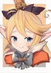 1girl bangs black_bow blonde_hair blue_eyes blush bow brown_background charlotta_fenia closed_mouth commentary_request crown fang fang_out granblue_fantasy grey_background grey_bow hair_bow harvin high_collar highres jack-o&#039;-lantern long_hair mini_crown pointy_ears portrait smile solo two-tone_background uneg 