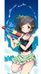  1girl black_hair black_swimsuit blush closed_mouth collarbone dated day eyebrows_visible_through_hair green_eyes green_scrunchie holding holding_water_gun kantai_collection kuroshio_(kantai_collection) odawara_hakone one_eye_closed scrunchie short_hair smile solo swimsuit twitter_username water_gun wrist_scrunchie 