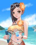  1girl alternate_costume bangs bare_shoulders beach black_hair blue_sky book bracelet breasts brown_eyes cameo character_request cocktail cocktail_glass cup day drinking_glass eyewear_on_head flower hair_flower hair_ornament handler_(monster_hunter_world) hibiscus holding holding_book jay156 jewelry light_smile lips looking_at_viewer medium_breasts medium_hair monster monster_hunter monster_hunter:_world ocean sarong sky solo strapless sunglasses swept_bangs tan tooth_necklace tubetop underboob 