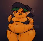  2020 anthro clothing curse digital_drawing_(artwork) digital_media_(artwork) domestic_cat felid feline felis female food fruit hi_res implied_transformation mammal overweight overweight_anthro overweight_female plant pumpkin simple_background solo tight_clothing vaguecreature weight_gain 