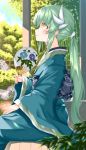  1girl bangs blurry blurry_background blush closed_mouth commentary_request day depth_of_field dragon_horns fan fate/grand_order fate_(series) floral_print folding_fan from_side green_hair hair_ornament hand_on_own_thigh highres holding horns japanese_clothes kimono kiyohime_(fate/grand_order) long_hair long_sleeves looking_up morizono_shiki obi outdoors paper_fan ponytail profile sash sidelocks sitting smile solo wide_sleeves yellow_eyes 