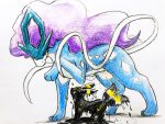  2020 3_toes 4:3 ambiguous_gender biped black_body black_fur black_nose black_tail blue_body blue_fur bodily_fluids colored_pencil_(artwork) countershading dripping duo eeveelution eiroru eye_contact feral fluffy fluffy_tail fur hair hi_res ink legendary_pok&eacute;mon looking_at_another looking_up markings multicolored_body multicolored_fur multicolored_tail nintendo paws pok&eacute;mon pok&eacute;mon_(species) purple_hair red_eyes ribbons side_view simple_background size_difference slim snout standing star suicune sweat tailwag toes traditional_media_(artwork) two_tone_body two_tone_fur two_tone_tail umbreon video_games wet white_background white_countershading white_markings yellow_body yellow_fur yellow_tail 