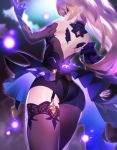  1girl arm_garter ass backlighting bare_shoulders black_gloves black_nails blonde_hair blurry blurry_background bodystocking depth_of_field detached_collar detached_sleeves elbow_gloves eyepatch fischl_(genshin_impact) from_behind genshin_impact gloves glowing highres long_hair long_sleeves nail_polish purple_legwear single_detached_sleeve single_glove single_thighhigh solo thighhighs thighs tomoyohi two_side_up 