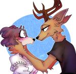  &lt;3 &lt;3_eyes anthro beastars black_nose blush brown_body canid canine canis cervid cheek_tuft clothed clothing duo eye_contact face_squish facial_tuft female hi_res horn juno_(beastars) looking_at_another louis_(beastars) male mammal redraw shirt signature simple_background smile snout squish topwear tuft wolf zunyhateskids 