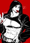  1boy abs aikawa_(dorohedoro) bandaid bara black_hair black_hoodie chest chest_harness climaxmukr dorohedoro harness hood hood_up hoodie male_focus multiple_monochrome muscle navel nipples open_clothes open_hoodie pectoral_press red_background short_hair sideburns solo upper_body 
