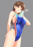  1girl absurdres blue_swimsuit breasts breath brown_eyes brown_hair cameltoe competition_swimsuit cowboy_shot grey_background highleg highleg_swimsuit highres idolmaster idolmaster_cinderella_girls large_breasts long_hair looking_at_viewer nitta_minami one-piece_swimsuit solo standing swimsuit towel white_towel yao_(user_jzpa8855) 