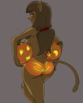  2020 ankama anthro breasts brown_body brown_fur clothed clothing dbaru dofus ecaflip felid female fur halloween hi_res holidays jack-o&#039;-lantern looking_at_viewer mammal miranda_(wakfu) panties rear_view side_boob solo topless underwear video_games wakfu 