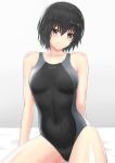  1girl amagami black_eyes black_hair black_swimsuit bob_cut breasts clothes_writing collarbone commentary_request competition_swimsuit cowboy_shot gradient gradient_background highres higofushi nanasaki_ai one-piece_swimsuit short_hair sitting small_breasts solo swimsuit white_background 