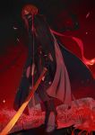  1boy alternate_costume bangs fate/grand_order fate_(series) flower foreshortening full_body glowing glowing_eye high_heels highres holding holding_sword holding_weapon katana kodamazon long_hair long_sleeves looking_at_viewer male_focus oda_nobukatsu_(fate/grand_order) petals ponytail red_eyes red_hair red_theme sidelocks spider_lily sword weapon 